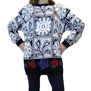 Black & White Floral Sweater w/Purple & Red Rose Trim - Vintage 1990s